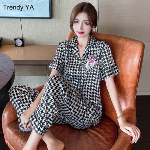 Womens Cute Cartoon Sexy Duck Sleep Long Pajama Suits Full Letter Dog Tooth Print Turnover Collar Shirt Suits