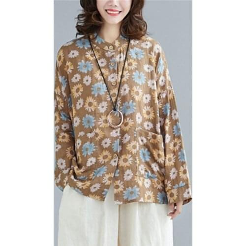 Oversized Women Cotton Linen Casual Shirts New 2021 Spring Simple Style Vintage Floral Print Loose Female Long Sleeve Tops S3485