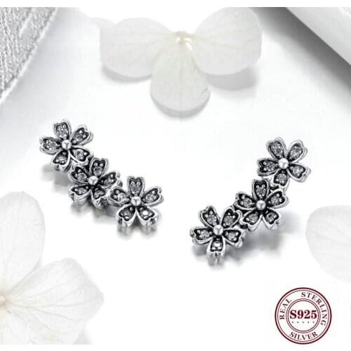 Authentic 925 Sterling Silver Stackable Daisy Floral Stud Earrings Clear CZ Flower Woman Earring Party Jewelry Gift