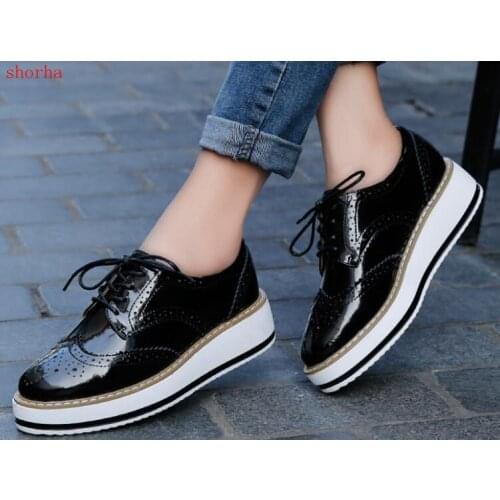 New Genuine Leather Women Flat Platform Shoes Lace Up Brogue Creepeers For Female Oxford Shoes Casual Ladies Spring Footwear