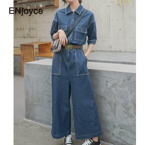 2021 Spring Summer Denim Jumpsuit Women Korean Style Fashion Loose Wide Leg Jumpsuits Casual Overalls Romper Bodysuit Clothes