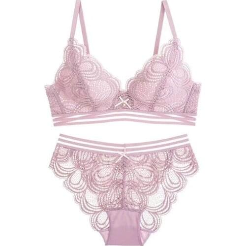 Ladies Bra Set Fashionable Sexy No Steel Ring Lace Flower Underwear Triangle Thin Mold Cup Fashionable Lady Comfortable Bra Set