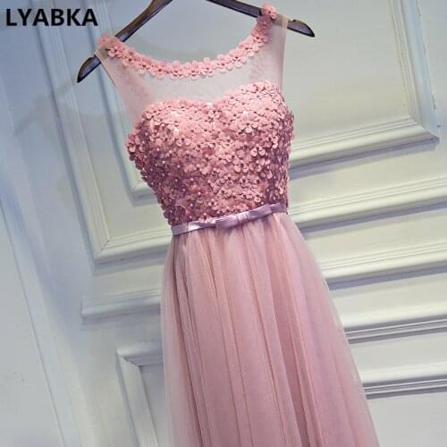 Sexy Scoop Neck Evening Dress Robe De Soiree Pink Tulle Appliques Evening Dresses Long Dress Real Photo 2019 Vestido De Festa