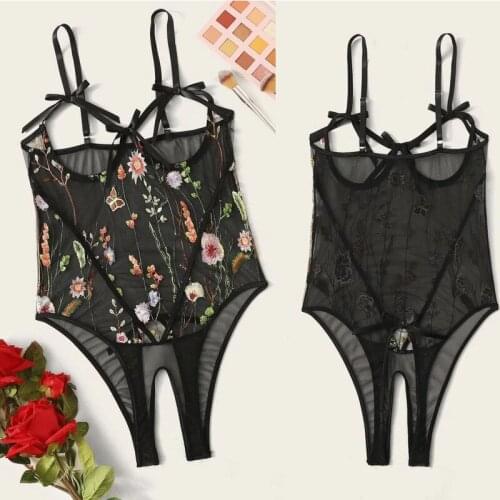 Sexy Corset Lingerie Flower Prints Lace Lingeries Open Crotch Sexi Women Bustier Night Sleep Wear Mesh lingerie bodysuit fishnet