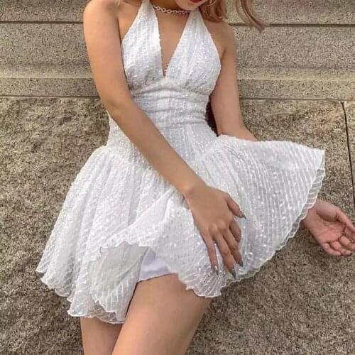 Sexy Elegant Dress Women 2021 Summer Solid Color Lace Halter V-Neck Backless A-line Dress Party Sexy Vintage Dresses Female