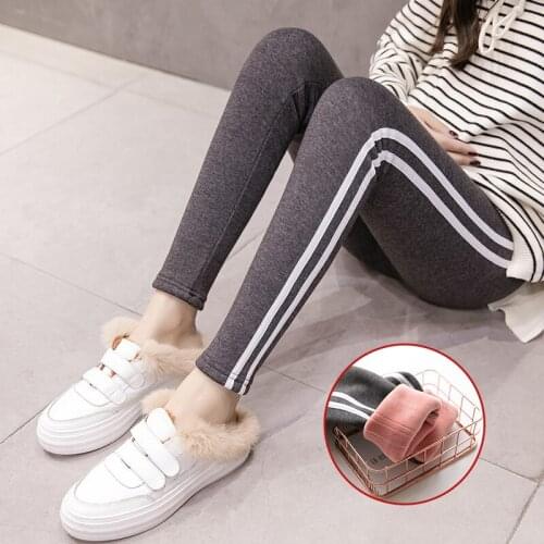 2020 Winter Pregnant Sport Pants With Thickness Velvet High Waist Cotton Belly Leggings For Pregnant Women Sides Double Stripes