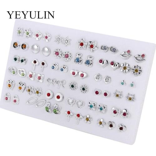 36 Pairs Bright Silver Color Mutli-style Plastic Crystal Round Animals Geometric Stud Earrings Set For Women Girls Jewelry Gift