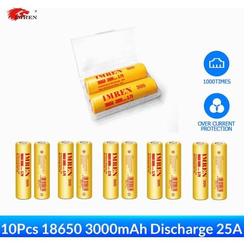 IMREN 10Pcs New Original 18650 3.7v 3000mAh Discharge 25A Rechargeable Li-ion Battery for Flashlights Drone Headlamps RC Cars