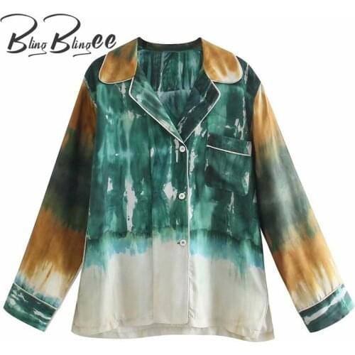 BlingBlingee Green Tie Dye Printed Summer Loose Shirts Notched Collar Pocket Detail Women Casual Blouses Female Long Tops