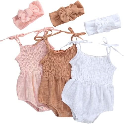 0-18M Newborn Baby Girls Boys Bodysuits Solid Sleeveless Belt Jumpsuits Headband 2pcs 3 Colors Summer Outfits