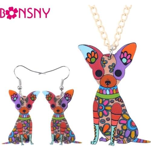 Bonsny Brand Jewelry Sets Acrylic Chihuahua Dog Necklace Earrings Choker Collar Fashion Jewelry 2016 News Spring Women Girl Gift
