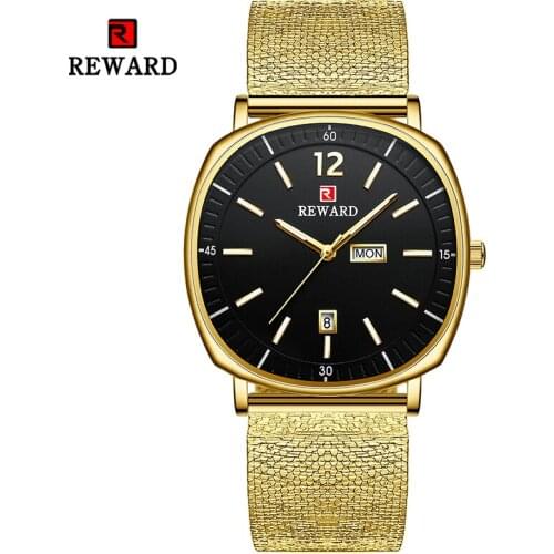 New Reward Men Gold Wristwatches Luxury Business Quartz Watch Top Brand Date Week Display Stainless Steel Wrist Watch for Male