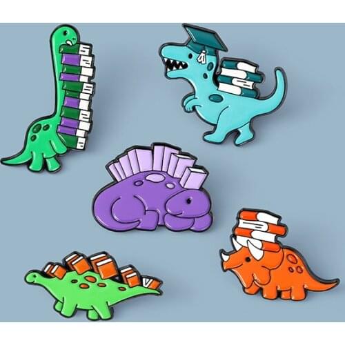 Dinosaur and Books Enamel Pin Custom Reading Habit Animal Brooch Bag Clothes Lapel Pin Badge Cartoon Jewelry for Kid Friend