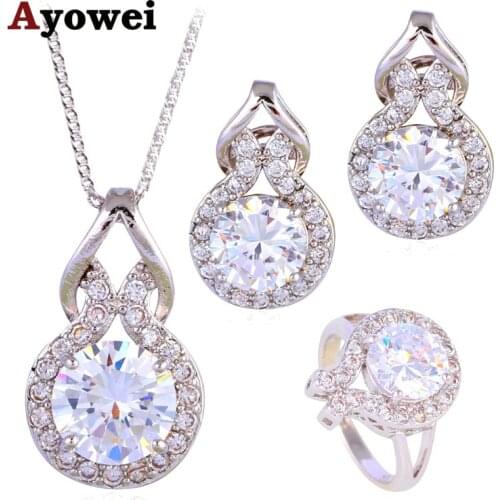 Glittering Zirconia Fashion Jewelry Set Silver Stamped Birthday Party Clip Earrings Necklace Ring for Women JS625A