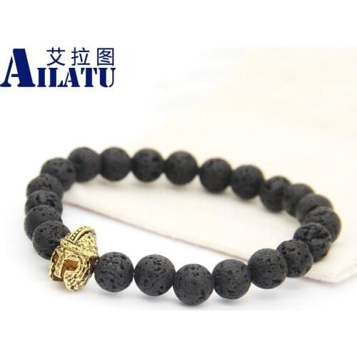 Ailatu Fashion Jewelry New Design 8mm Black Round Lava Stone Roman Spartan Warrior Helmet Bracelet