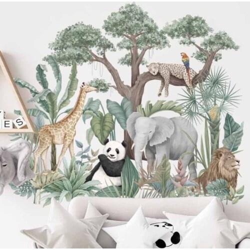 Cartoon Tropical Rainforest Plant Banana Tree Wallpaper Animal Elephant Giraffe Lion Panda Background Decoration Wall Sticker