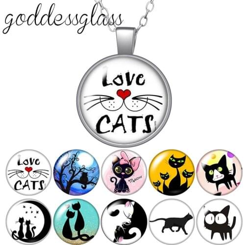 Lovely Cat Cute Pet Love cats Black cat Round Glass glass cabochon silver plated/Crystal pendant necklace jewelry for Gift