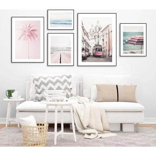 Landscape Beach Canvas Painting Nordic Pink Coconut Tree Wall Printing HD Pictures for Living Room Wall Decor Art