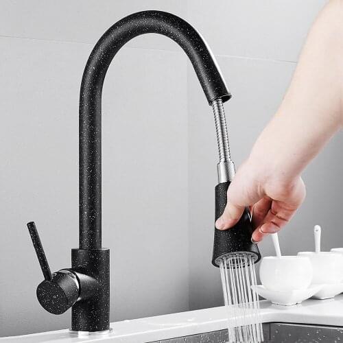 360 Degree Swivel spout Gooseneck design Black PolishedKitchen Faucets Single Handle Pull Out Mixer Hot and Cold Water tap