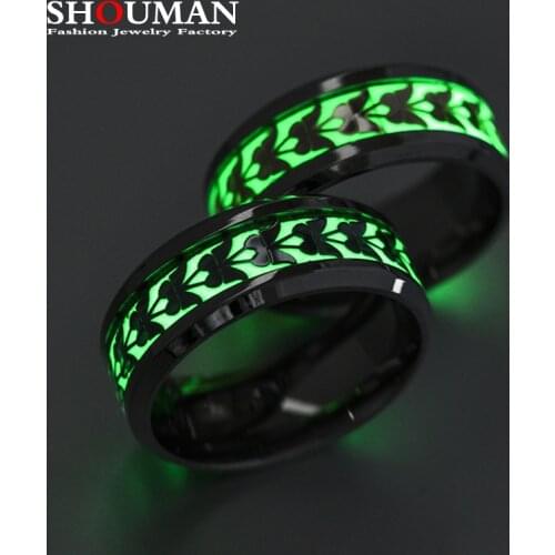 SHOUMAN Titanium Steel Green Light Glow in the Dark Stainless Steel Butterfly Wedding Band Luminous Ring for Woman Man