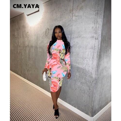 CM.YAYA aumutn winter womens Dress Streetwear Print animal long sleeve O-neck Pencil dress