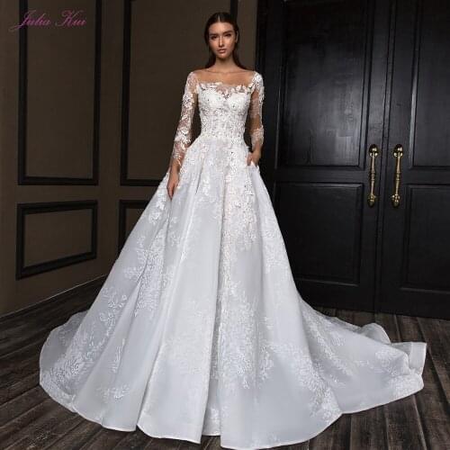 Julia Kui Scalloped Neck Off-White A-Line Wedding Dress Elegant With Cap Sleeve Lace Up Closure Chapel Train