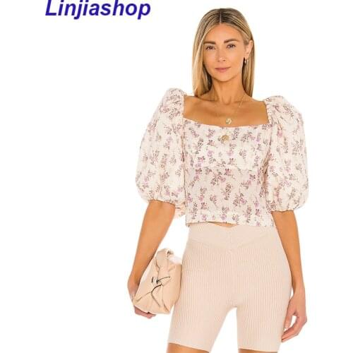 Tops Women Square Collar tops Puff Sleeve Bow Blouse Shirt Korean Fashion Sweet Honey Peach Print Crop Top Ladies Short Blouses