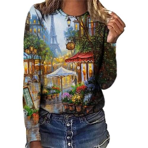 3D Painting Cartoon Print Women T-Shirts Long Sleeve Autumn Streetwear Tees Loose Casual O-Neck Tops Fashion Lady Cotton T-Shirt