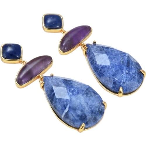 GG Jewelry Natural Stone Natural Blue Sodalite Purple Amethysts Stud Earrings Classic For Women Lady Fashion Jewelry Gift
