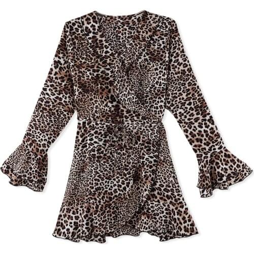 Sexy Leopard Printed Women Spring V-necl Casual Dress Robe Femme Butterfly Sleeve Fashion Short Dresses 2019