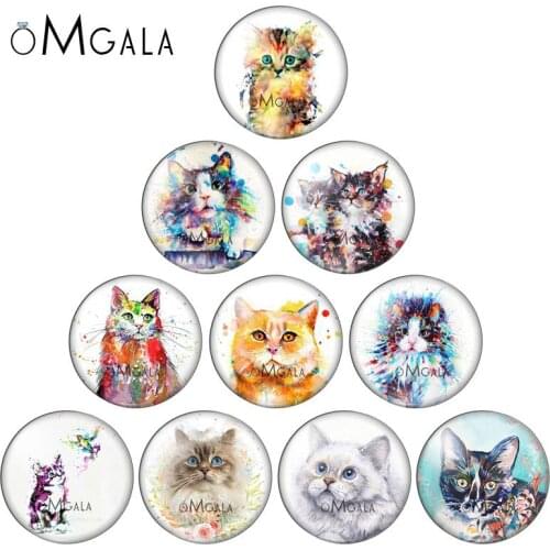 Beautiful Watercolor Cute Cats Drawing 10pcs mixed 12mm/18mm/20mm/25mm Round photo glass cabochon demo flat back Making findings