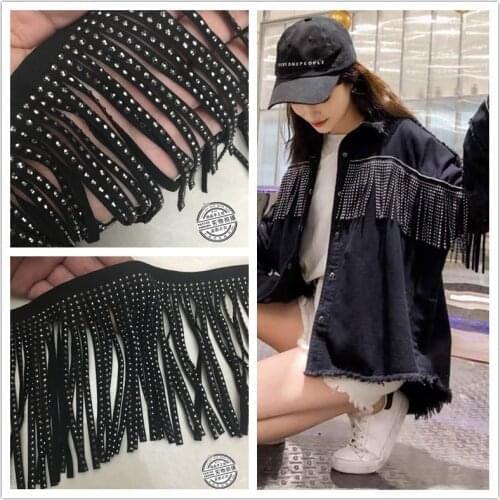 13CM Vintage Black Velvet Leather With Tassels Handmade DIY Lace Hem Accessories Ethnic Suede Diamond Fringe Jewelry Gifts Boho