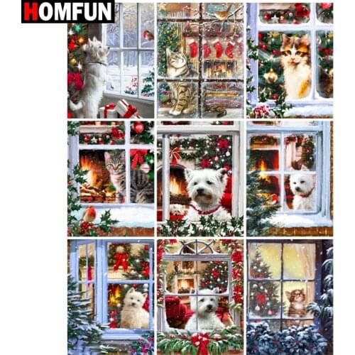 HOMFUN Diamond Painting Full Square/Round Diamond "Cat christmas animal" Pattern Embroidery Cross Stitch 5D Rhinestone Painting