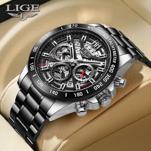 2021 Mens Watches LIGE Top Brand Luxury Stainless Steel Hollow Quartz Watch For Men Fashion Waterproof Clock Relogio Masculino