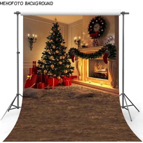 MEHOFOTO Christmas Tree Gift Candle Bauble Wooden Floor Flower Wreath Kids Photo Backgrounds Photography Backdrops Photo Studio