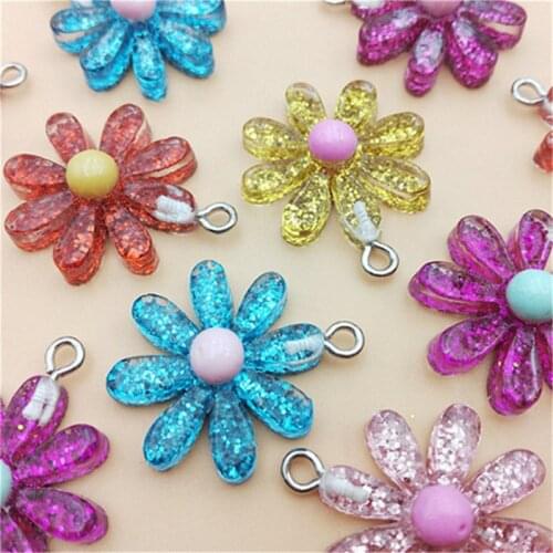 Julie Wang 10PCS Resin Flowers Charms Mixed Colors Sequin Daisy Sunflower Flat Back Pendant Jewelry Making Accessory Table Decor