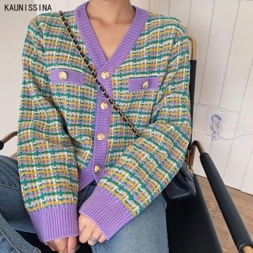 Women Plaid Cardigan Autumn Long Sleeve Sweater Single Breasted Korean Sweet Student Cardigans Jumpers Short Knitted Tops Coats