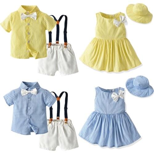 Plaid Brother and Sister Kids Matching Outfits Boys Gentleman Suit+Princess Girls Tutu Dress Sets Children Clothes JYF