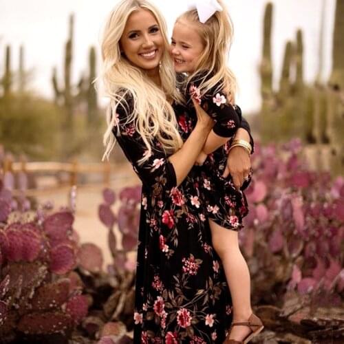 Summer Dress Mother And Daughter Skirt Dress With Flower Printed Long-sleeved Parents Children Dresses Baby Girl Clothes
