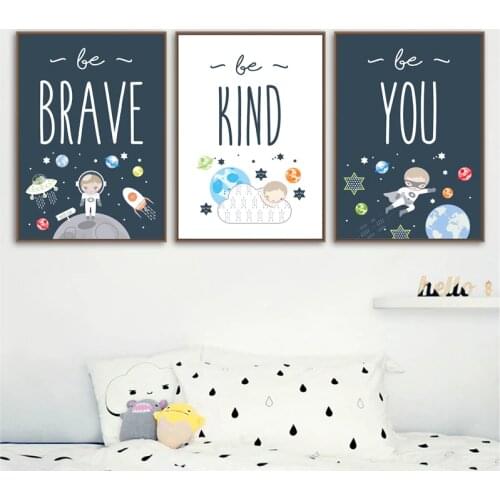 Space Themed Nursery Wall Art Prints Be Brave & Be Kind Quotes Canvas Posters Painting Baby Boy Gift Kids Room Wall Decoration