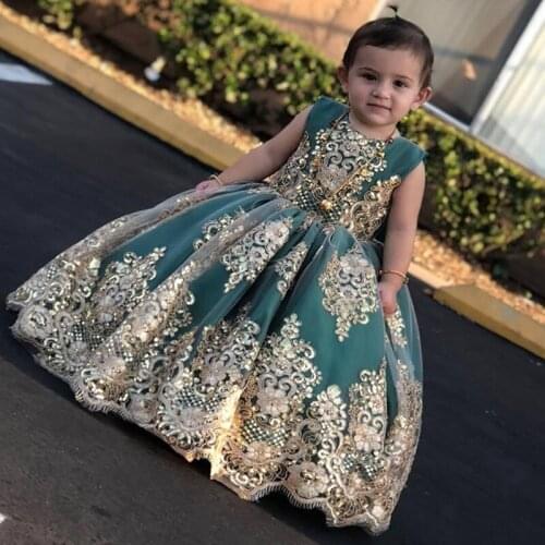 New Arrival Luxurious Pearls Beaded Blue Little Girls Long Pageant Dresses Prom Ball Gown Wedding Dress