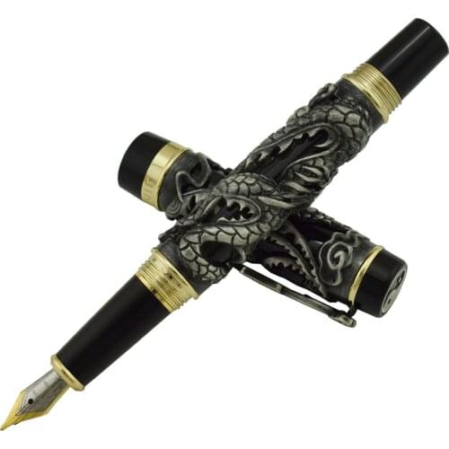 Jinhao Dragon Phoenix Vintage Luxurious Fountain Pen, Metal Carving Embossing Heavy Pen, Noble Gray & Black for Office School