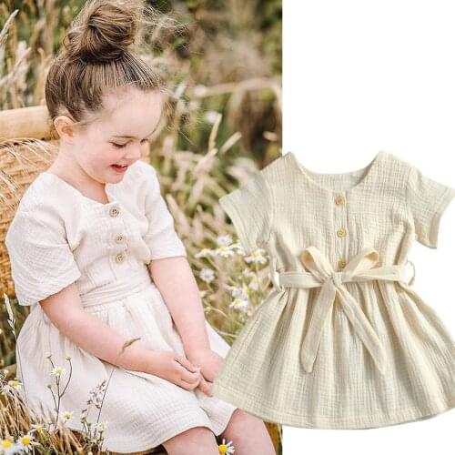 Pudcoco Girls Casual Short-sleeved Dress with Belt Fashion Solid Color Button V-neck Children Princess Dress 6 Months to 4 Years