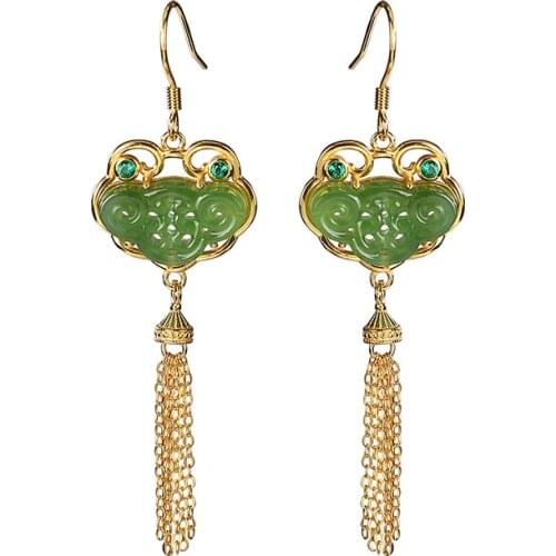 S925 sterling silver gold-plated Hetian jade earrings retro Chinese style womens Ruyi tassel eardrop earring
