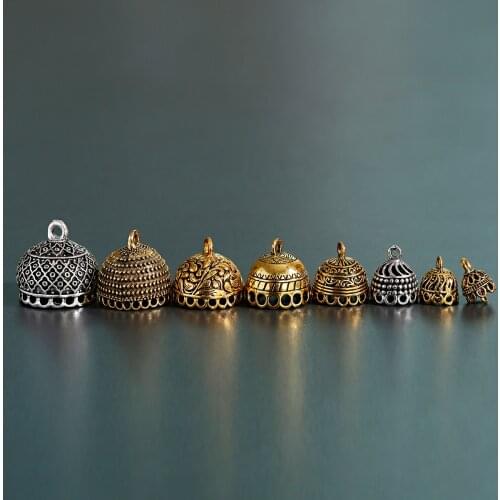 Ethnic Gold Alloy Bell Jewelry Accessory For Making Earrings Bells Retro Silver Color Flower Carved Earring Accessories 5PCS