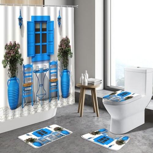 Traditional Greece Greek Design City Street Shower Curtain Flowers Window Bathroom Decor Non-Slip Rug Toilet Lid Cover Bath Mats