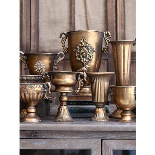 Vintage Old Iron Vases Flower Room Home Nordic Decor Golden Silver European Flower Pot Goblet Classical Decoracion Salon Casa