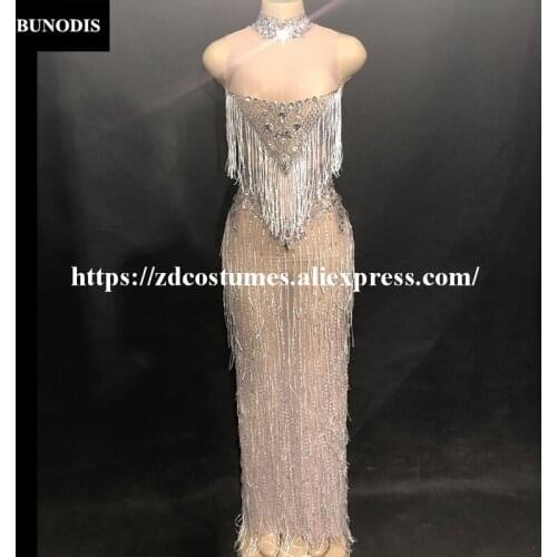 ZD277 Women Sexy Net Yarn Skirt Full Of Glass Sparkling Crystals White Tassel Costumes Fashion Show Nightclub Party Dancer Wear