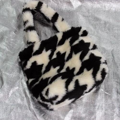 Women Winter Fur Square Houndstooth Handbag Corduroy Flower Day Clutches Fashion Large Capacity Zebra Pattern Plush Bag S2324