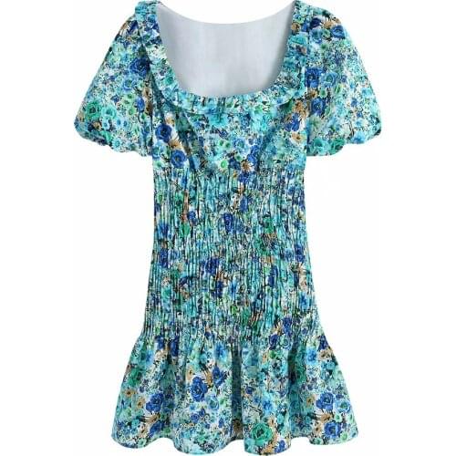 ZA Summer women holiday Elastic Bandage short Dress Square Collar puff sleeve Mini Dresses Ruffles A-Line vintage floral Vestido